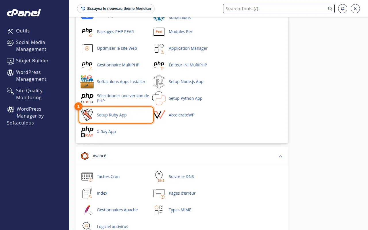 Emplacement de l'outil Setup Ruby App dans cPanel