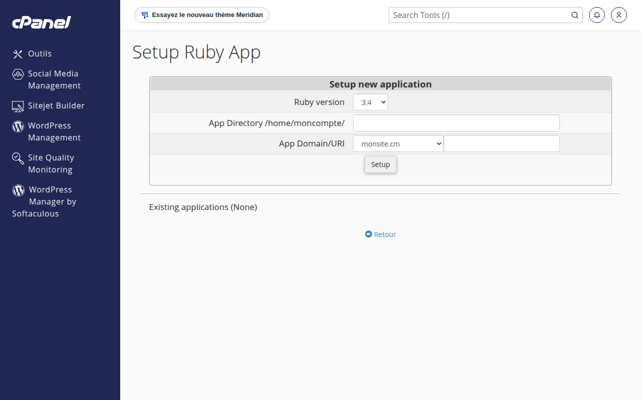 Interface de l'outil Setup Ruby App dans cPanel
