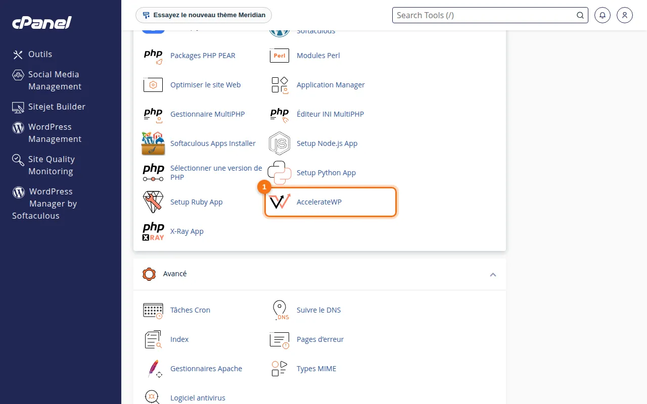 Emplacement de l'outil AccelerateWP dans cPanel