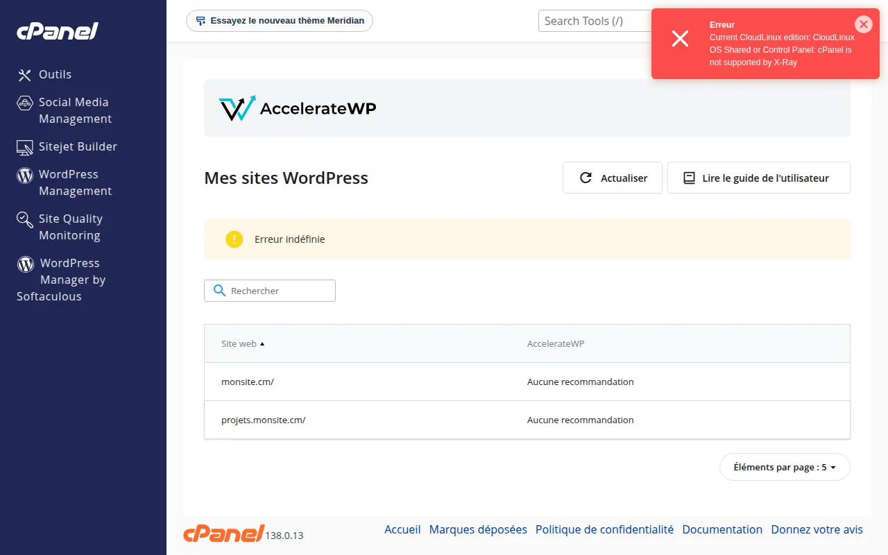 Interface de l'outil AccelerateWP dans cPanel