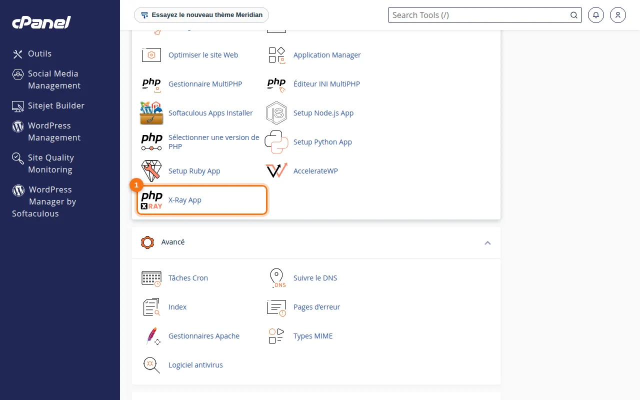 Emplacement de l'outil X-Ray App dans cPanel