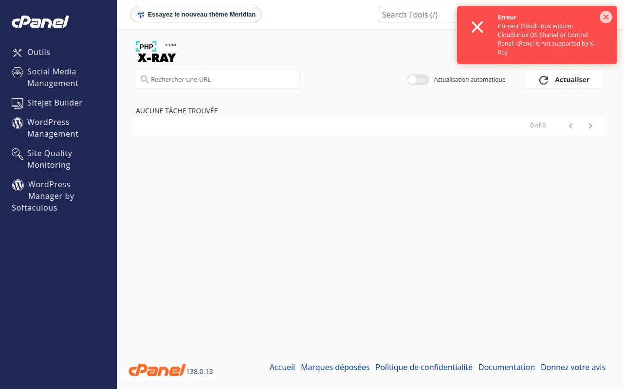 Interface de l'outil X-Ray App dans cPanel