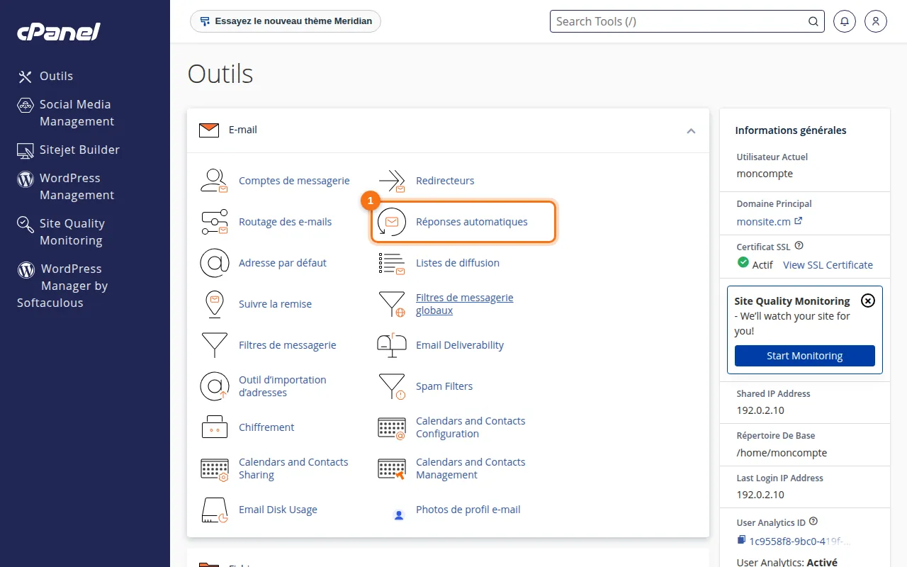 Emplacement de l'outil Réponses automatiques dans cPanel