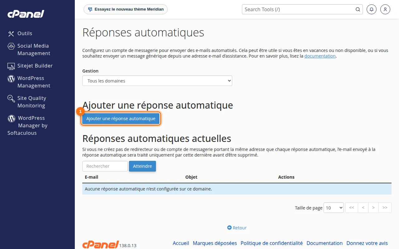Interface de l'outil Réponses automatiques dans cPanel
