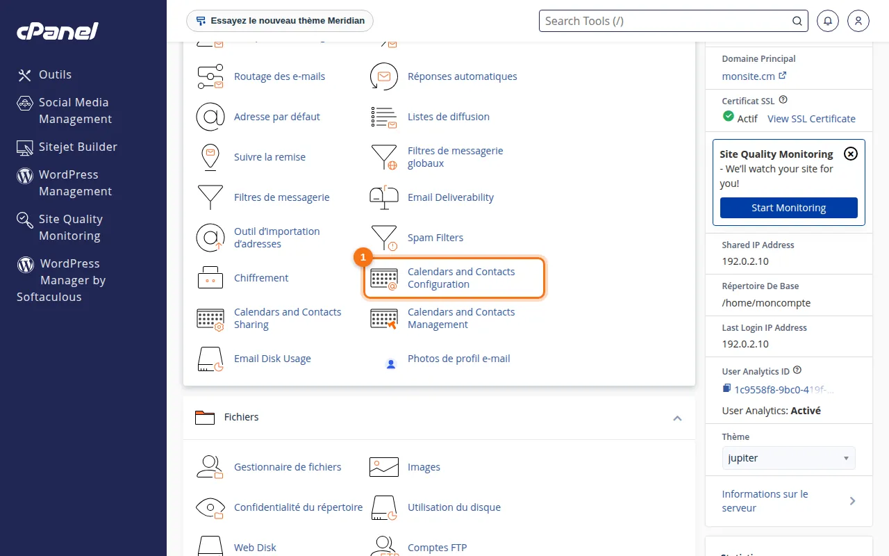 Emplacement de l'outil Calendars and Contacts Configuration dans cPanel