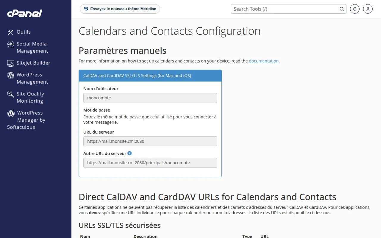 Interface de l'outil Calendars and Contacts Configuration dans cPanel