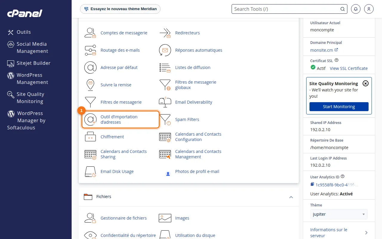 Emplacement de l'outil Outil d’importation d’adresses dans cPanel