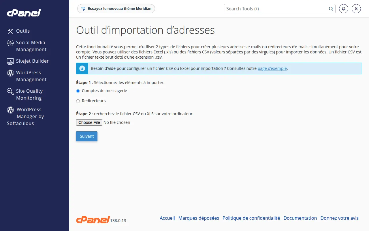 Interface de l'outil Outil d’importation d’adresses dans cPanel