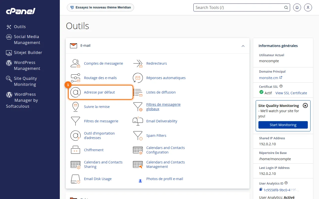 Emplacement de l'outil Adresse par défaut dans cPanel