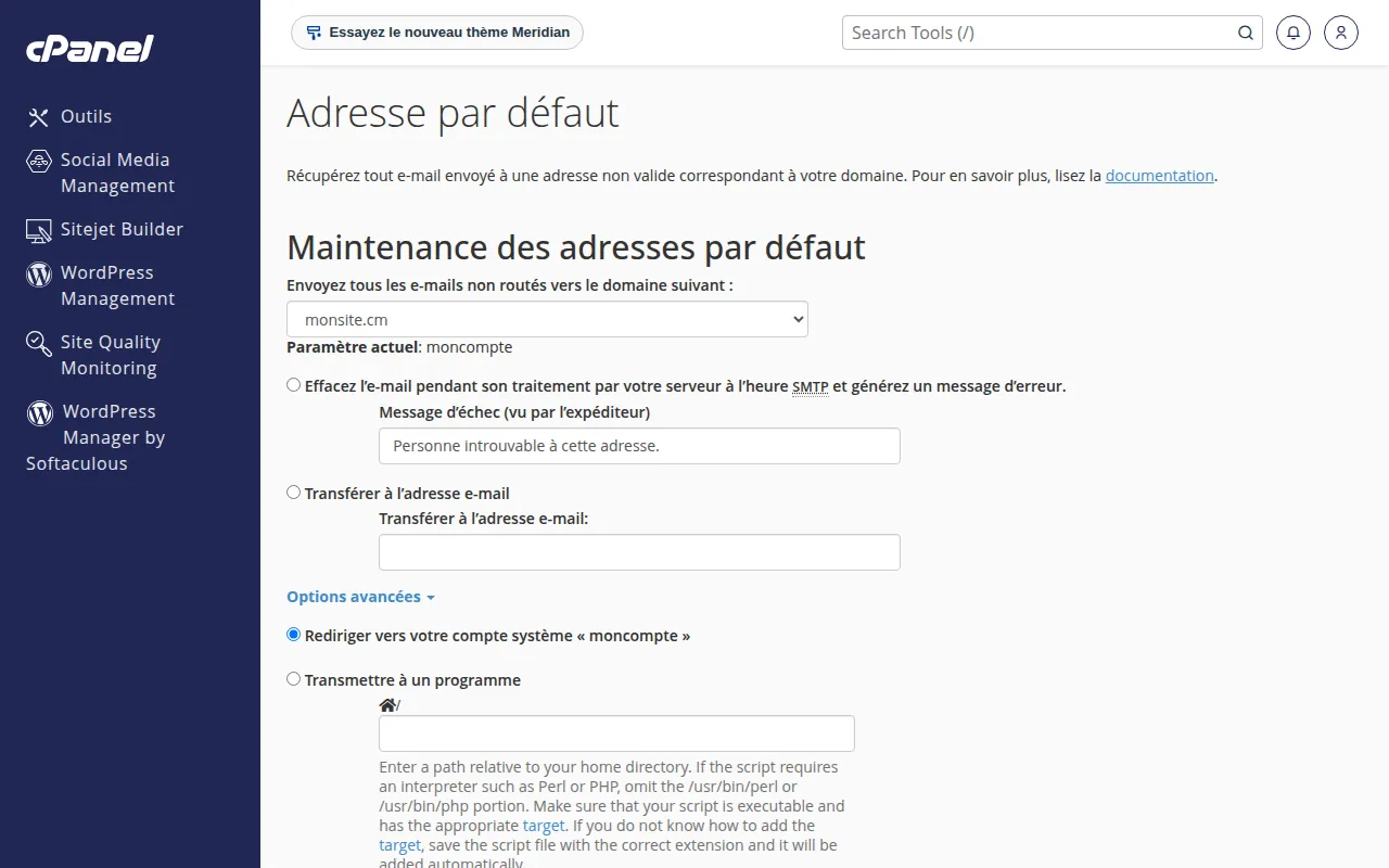 Interface de l'outil Adresse par défaut dans cPanel