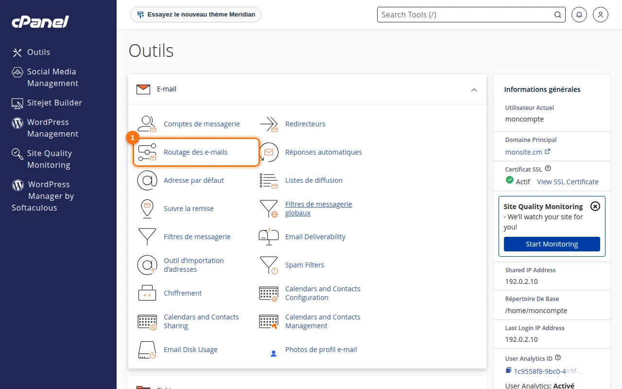 Emplacement de l'outil Routage des e-mails dans cPanel