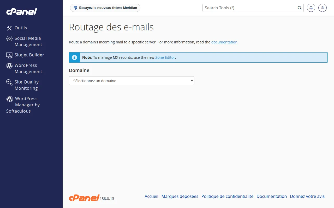 Interface de l'outil Routage des e-mails dans cPanel
