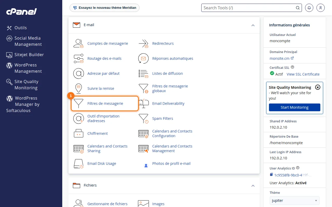 Emplacement de l'outil Filtres de messagerie dans cPanel