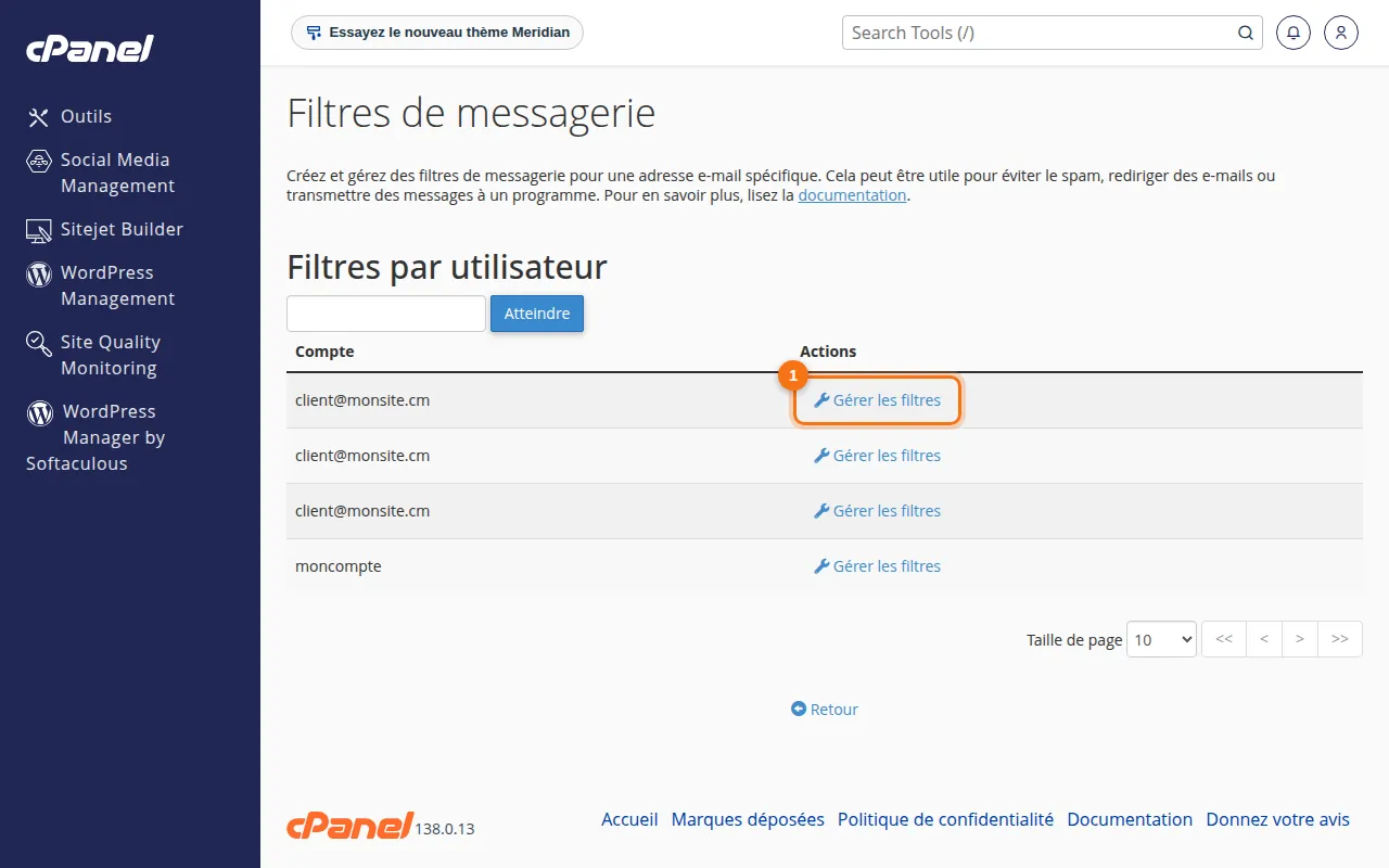 Interface de l'outil Filtres de messagerie dans cPanel