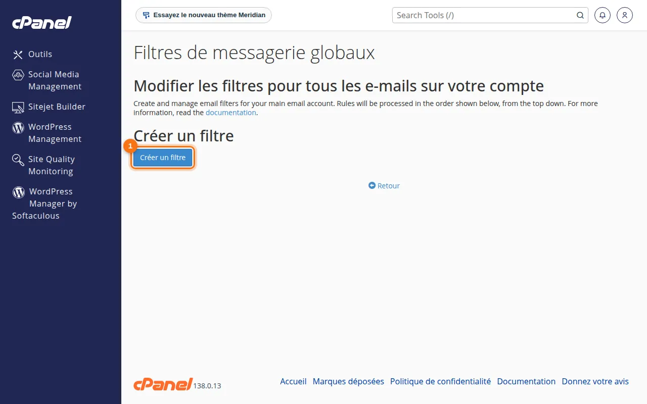 Interface de l'outil Filtres de messagerie globaux dans cPanel