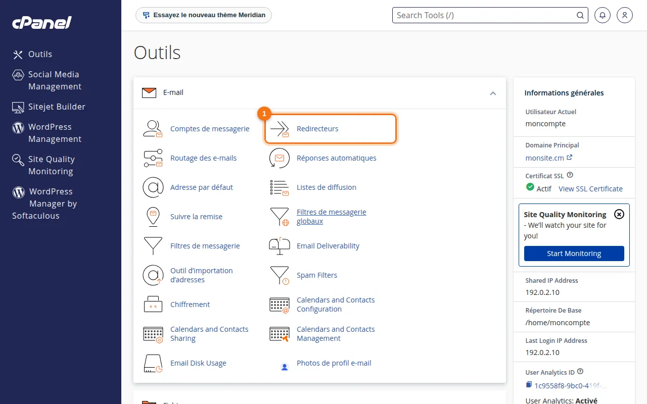 Emplacement de l'outil Redirecteurs dans cPanel