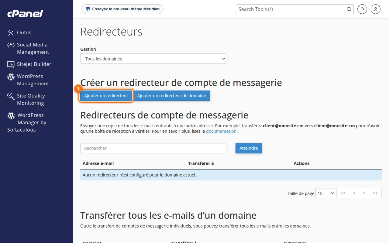 Interface de l'outil Redirecteurs dans cPanel