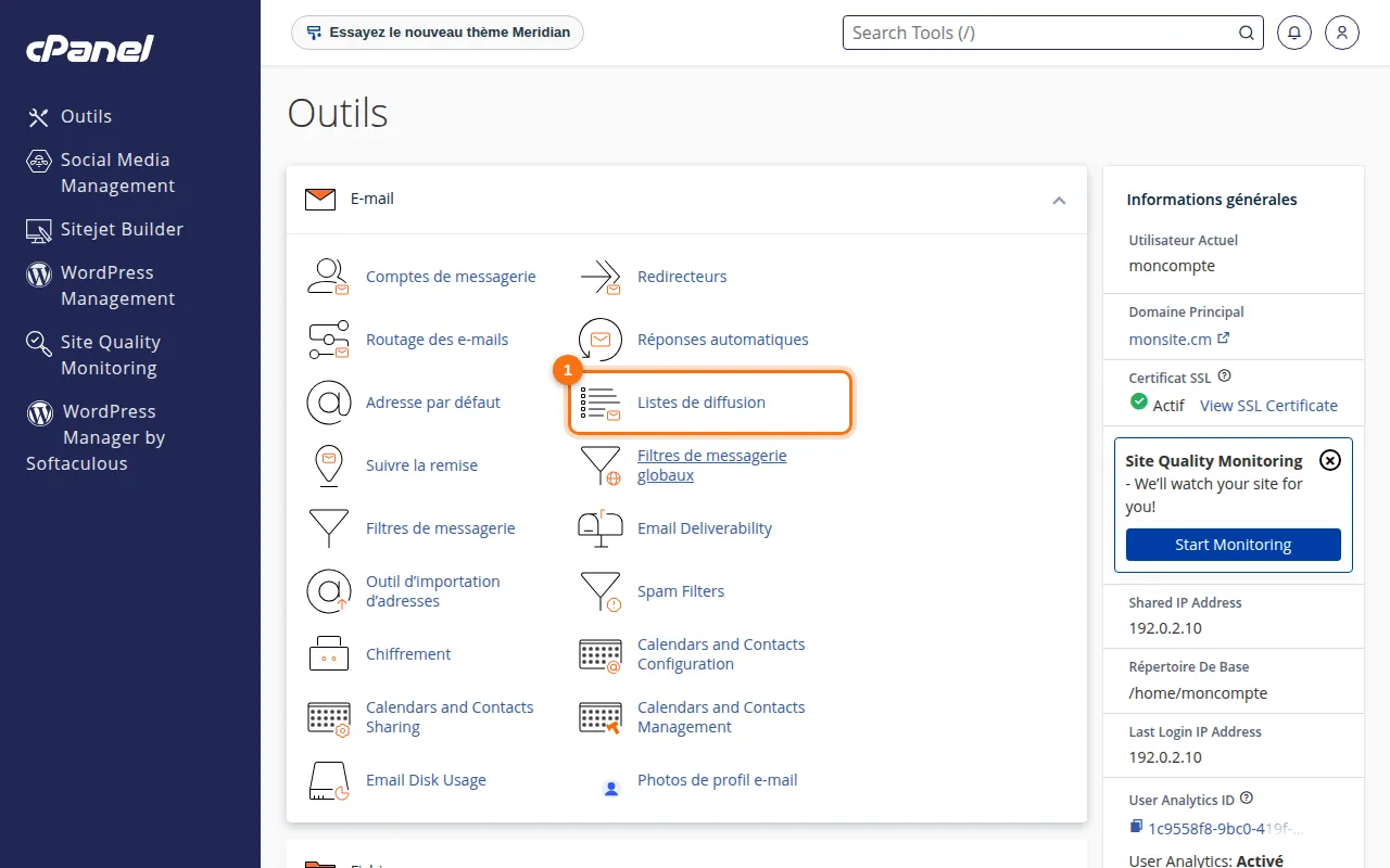 Emplacement de l'outil Listes de diffusion dans cPanel