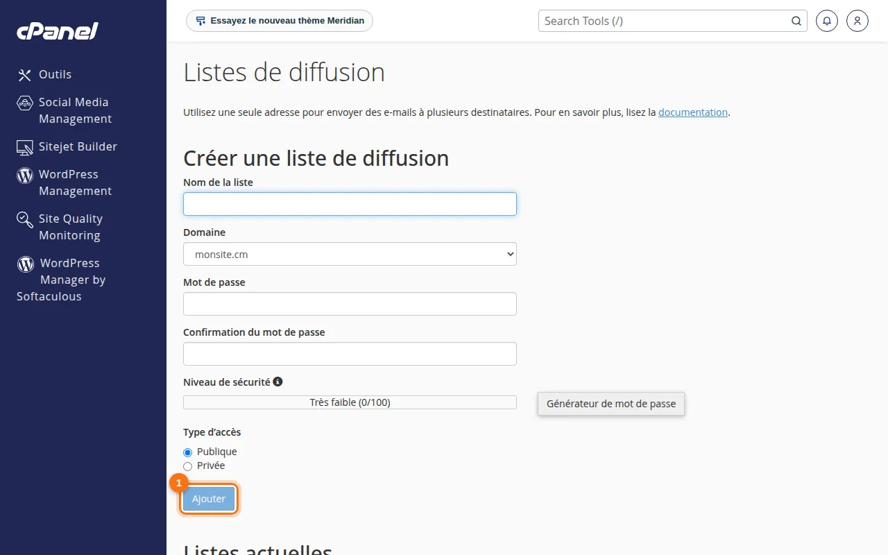 Interface de l'outil Listes de diffusion dans cPanel