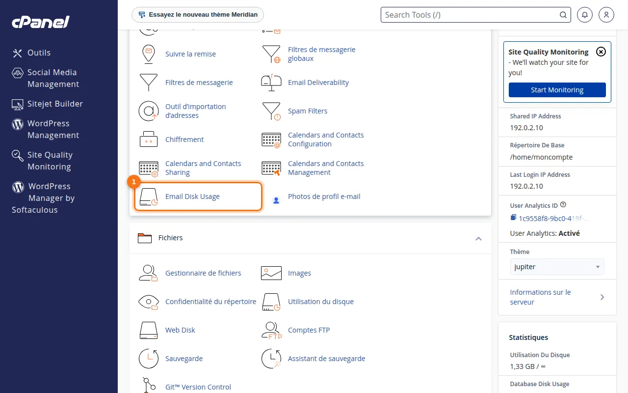 Emplacement de l'outil Email Disk Usage dans cPanel
