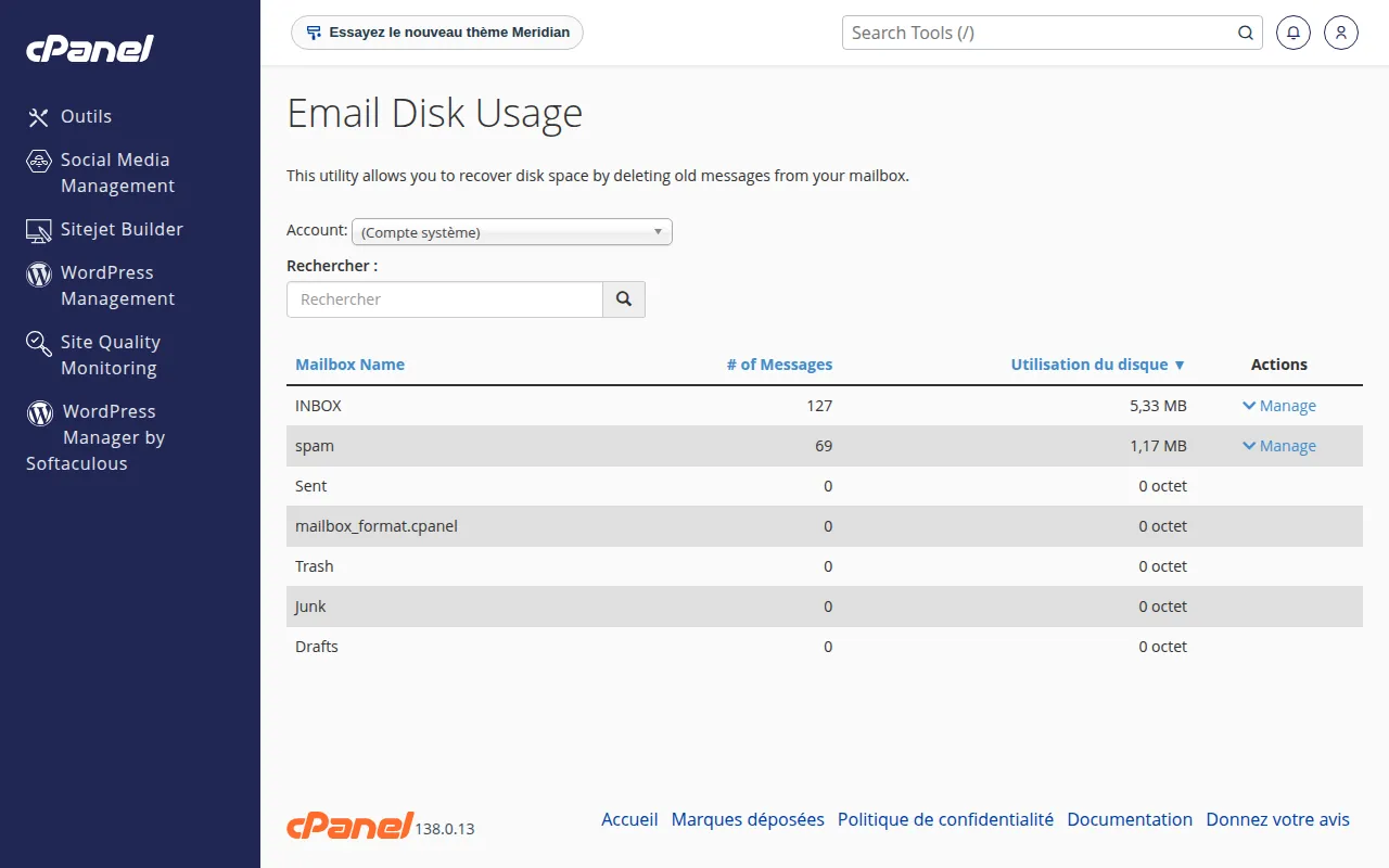 Interface de l'outil Email Disk Usage dans cPanel