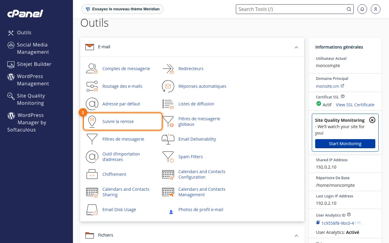 Emplacement de l'outil Suivre la remise dans cPanel