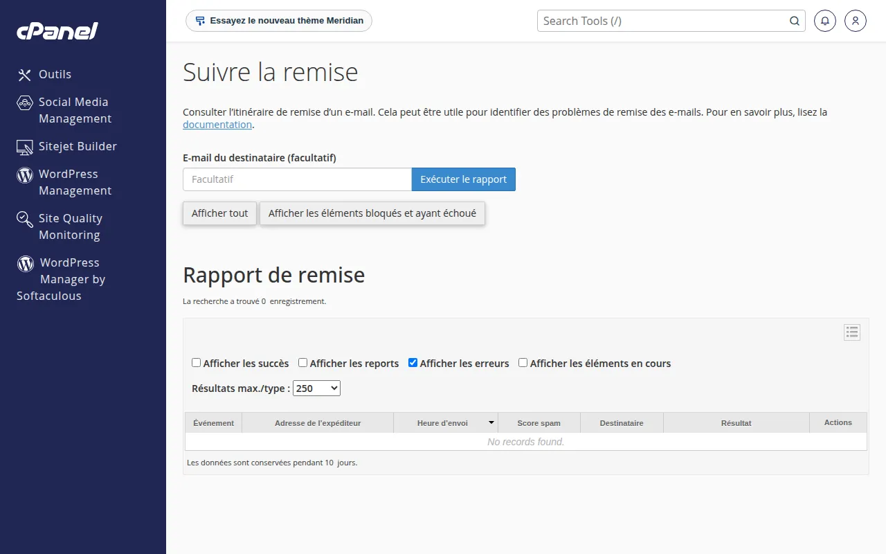 Interface de l'outil Suivre la remise dans cPanel