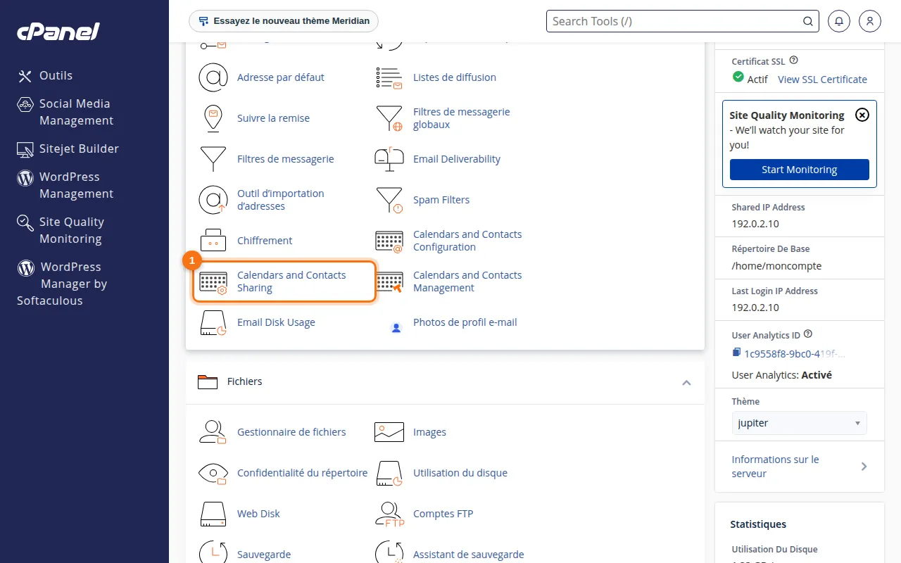 Emplacement de l'outil Calendars and Contacts Sharing dans cPanel