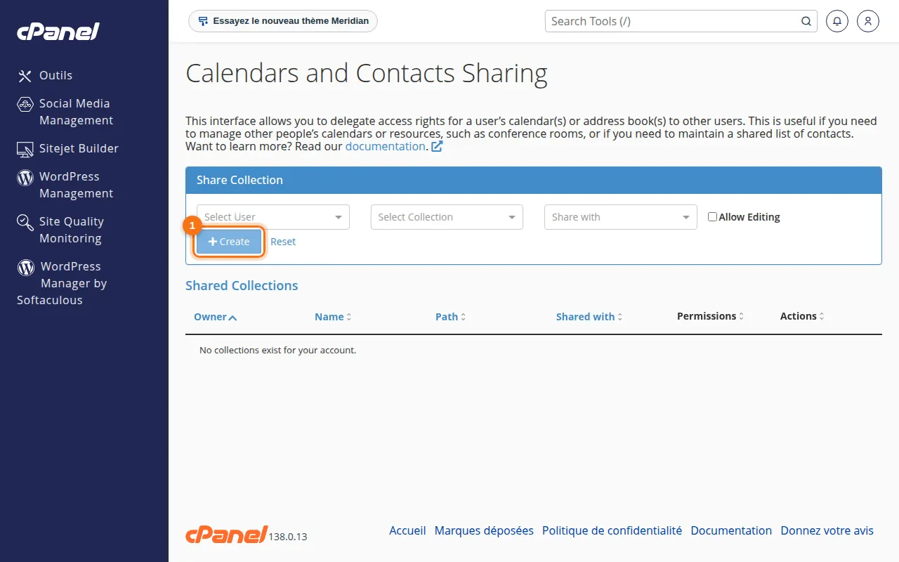 Interface de l'outil Calendars and Contacts Sharing dans cPanel