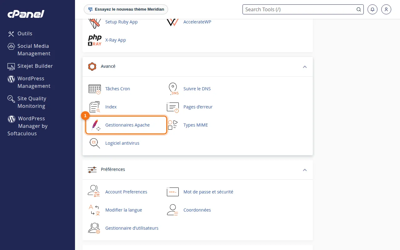 Emplacement de l'outil Gestionnaires Apache dans cPanel
