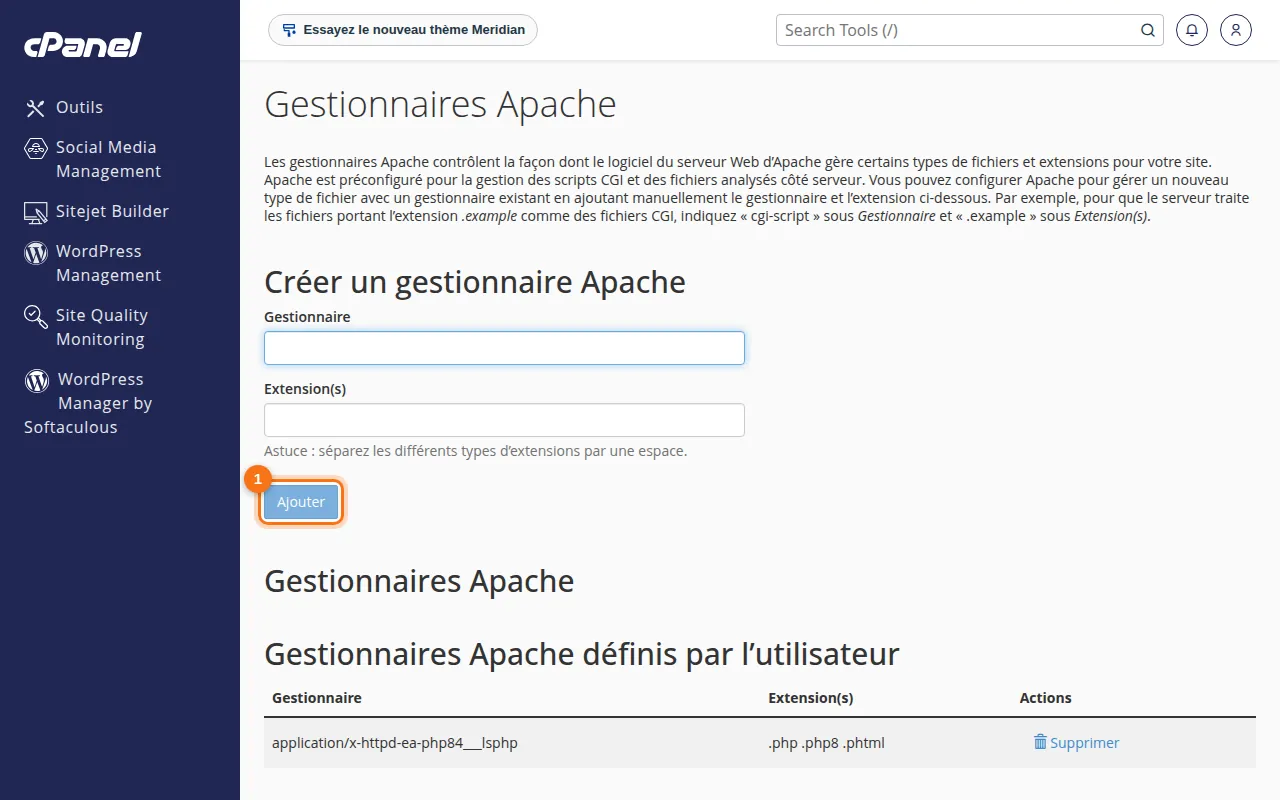 Interface de l'outil Gestionnaires Apache dans cPanel