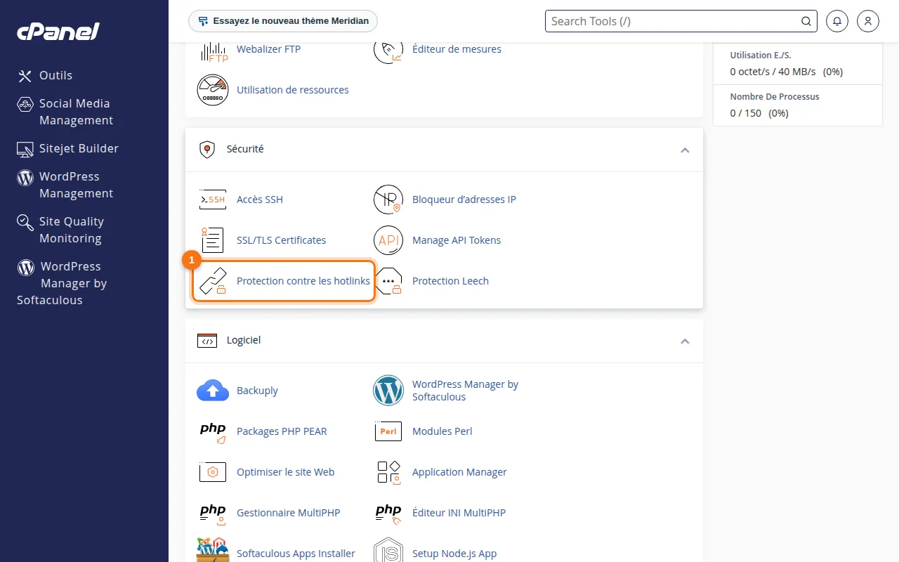 Emplacement de l'outil Protection contre les hotlinks dans cPanel