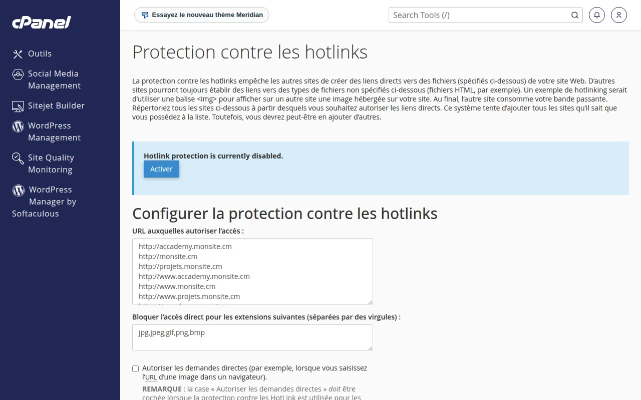 Interface de l'outil Protection contre les hotlinks dans cPanel