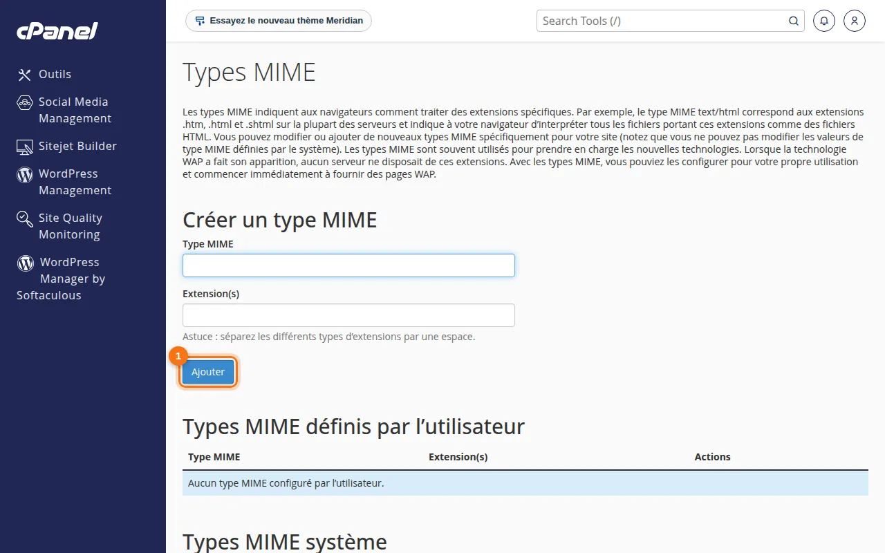 Interface de l'outil Types MIME dans cPanel