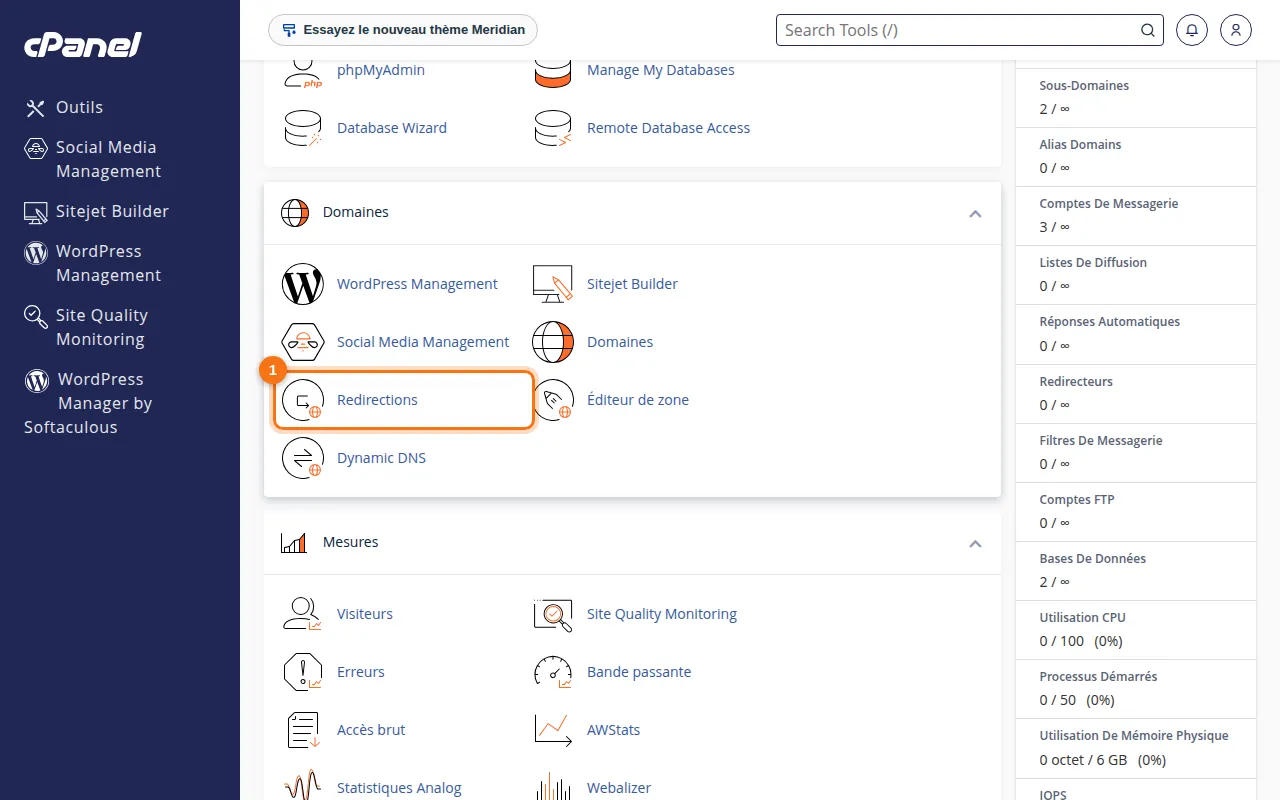 Emplacement de l'outil Redirections dans cPanel