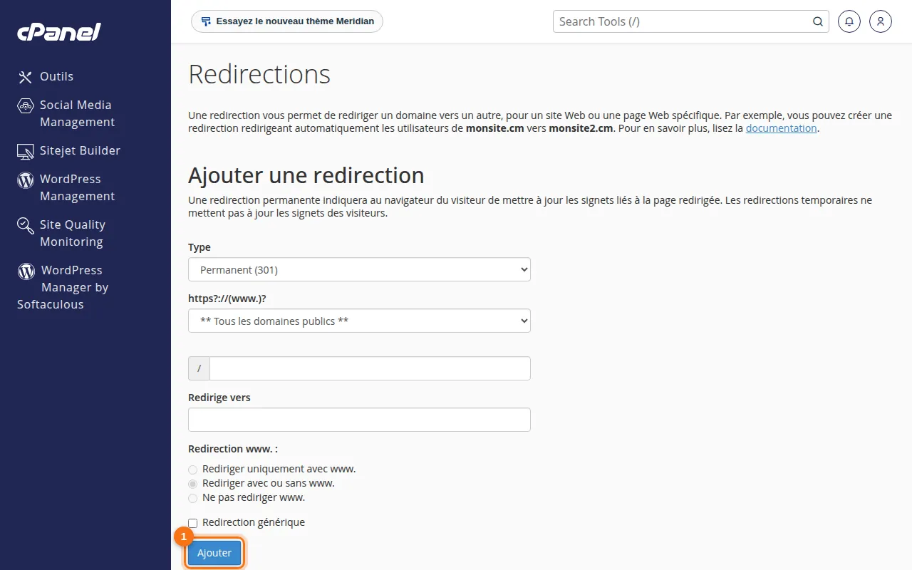 Interface de l'outil Redirections dans cPanel