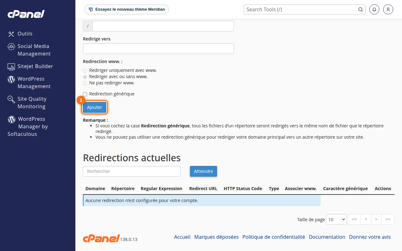 Suite de l'écran Redirections