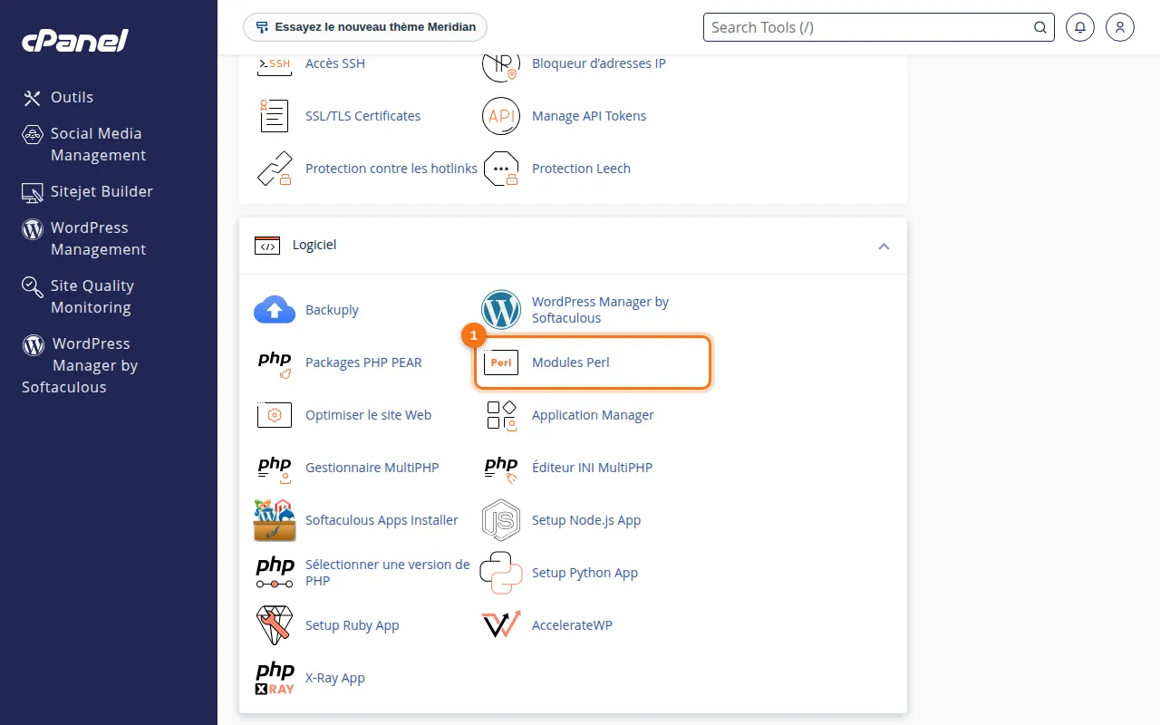 Emplacement de l'outil Modules Perl dans cPanel