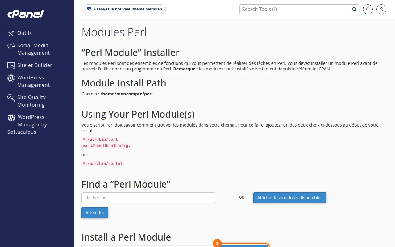 Interface de l'outil Modules Perl dans cPanel