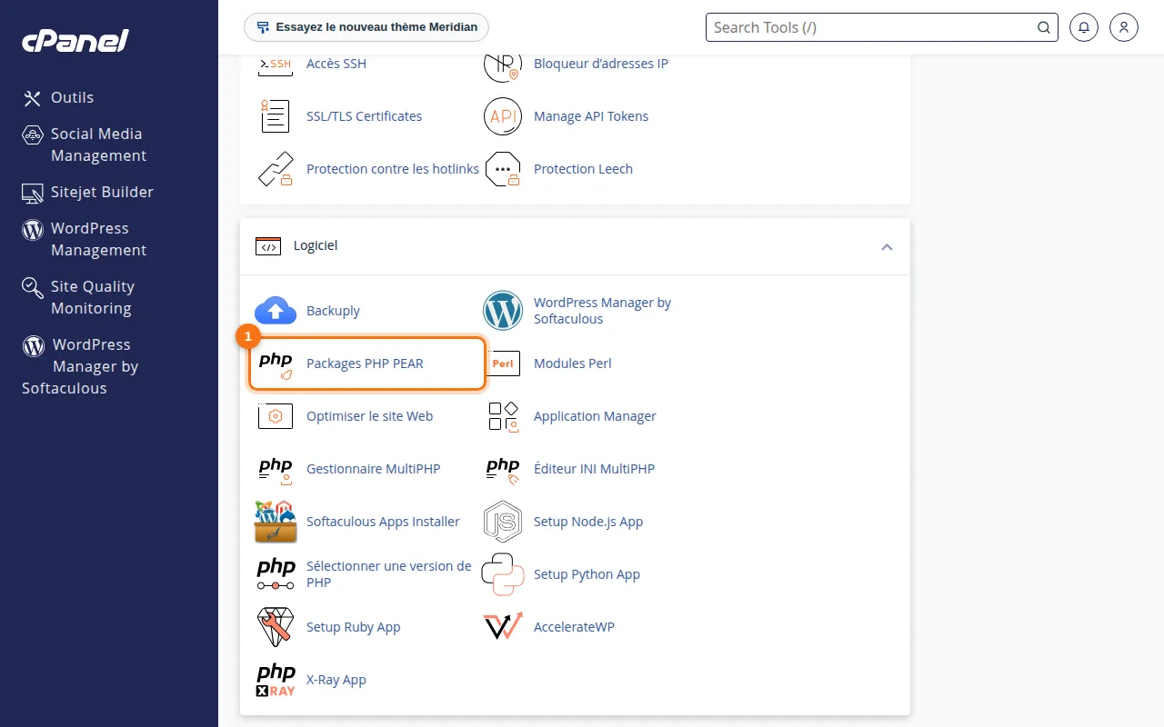 Emplacement de l'outil Packages PHP PEAR dans cPanel