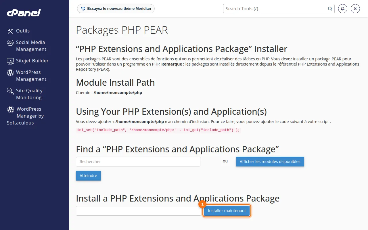Interface de l'outil Packages PHP PEAR dans cPanel
