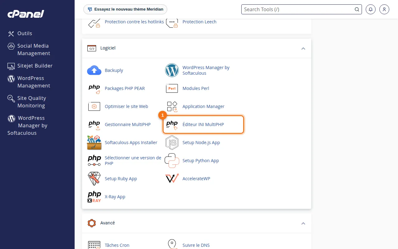 Emplacement de l'outil Éditeur INI MultiPHP dans cPanel