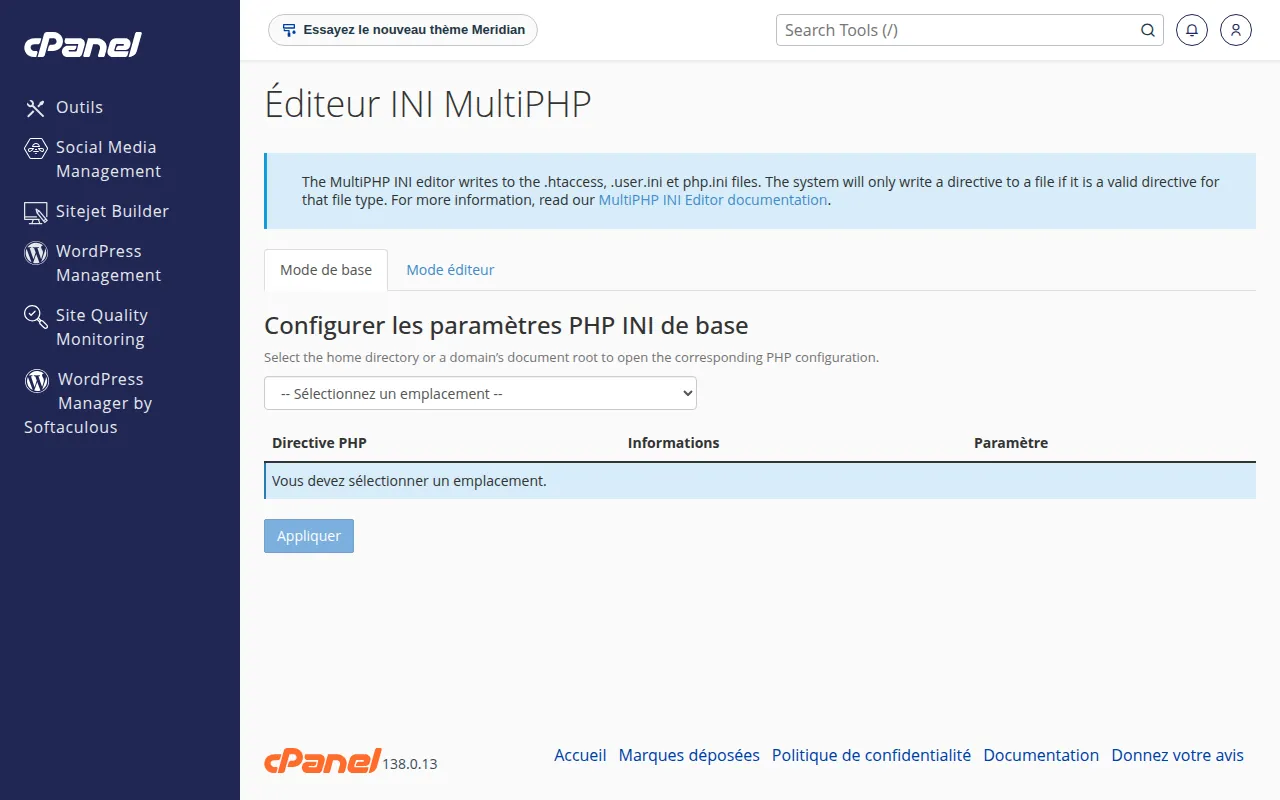 Interface de l'outil Éditeur INI MultiPHP dans cPanel