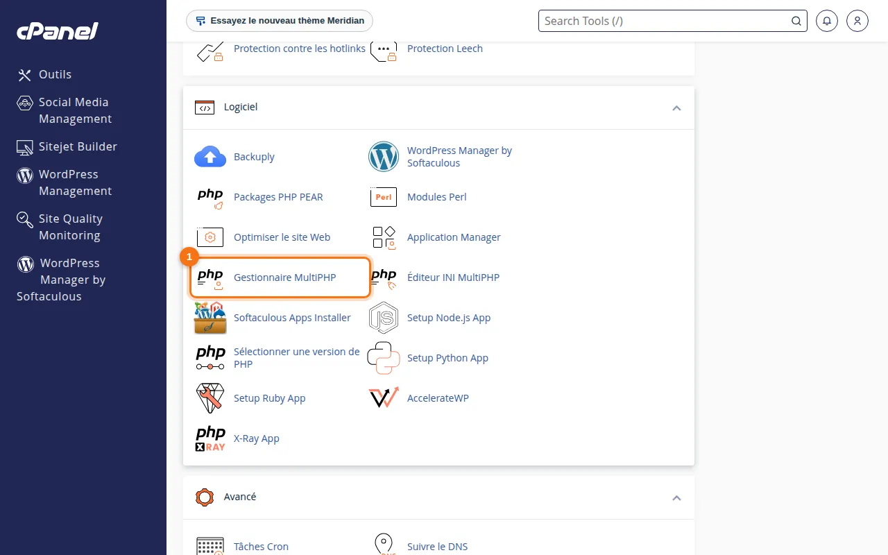 Emplacement de l'outil Gestionnaire MultiPHP dans cPanel
