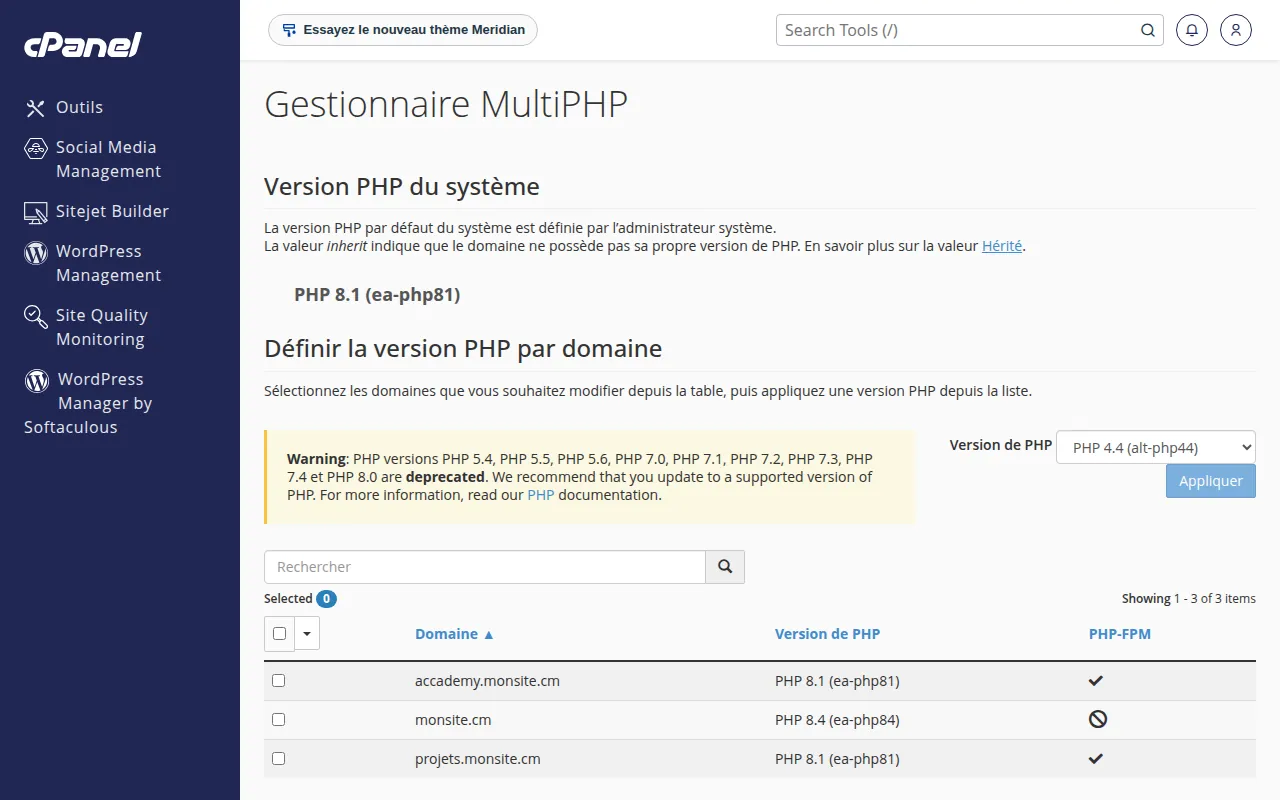 Interface de l'outil Gestionnaire MultiPHP dans cPanel