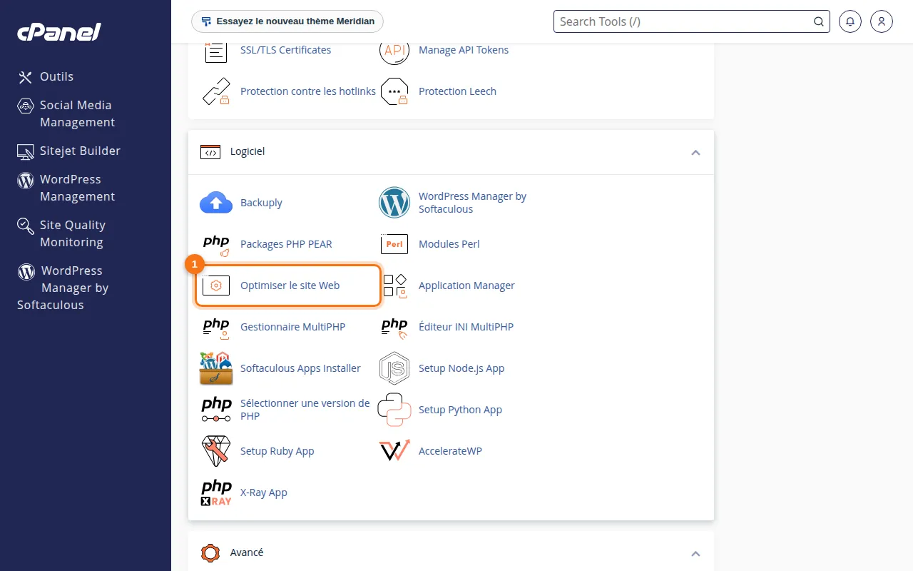 Emplacement de l'outil Optimiser le site Web dans cPanel