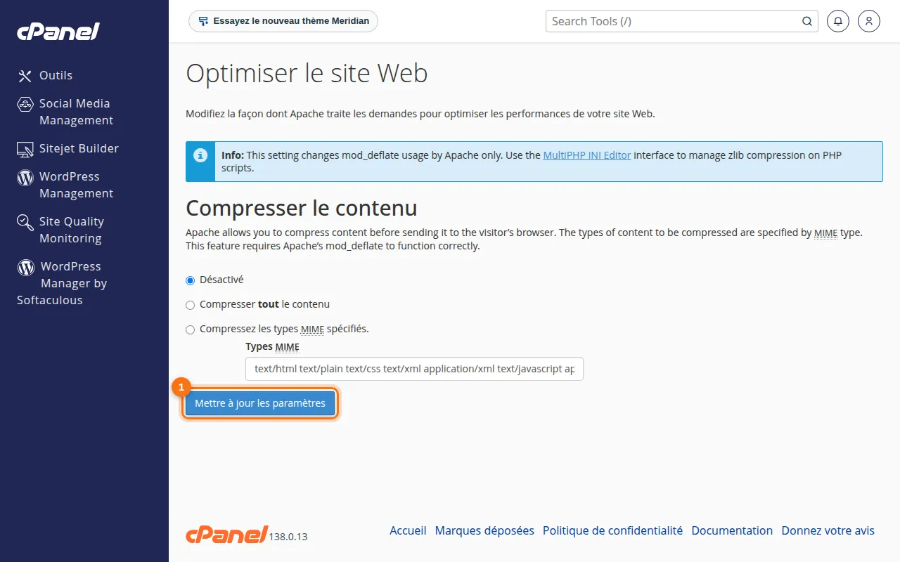 Interface de l'outil Optimiser le site Web dans cPanel