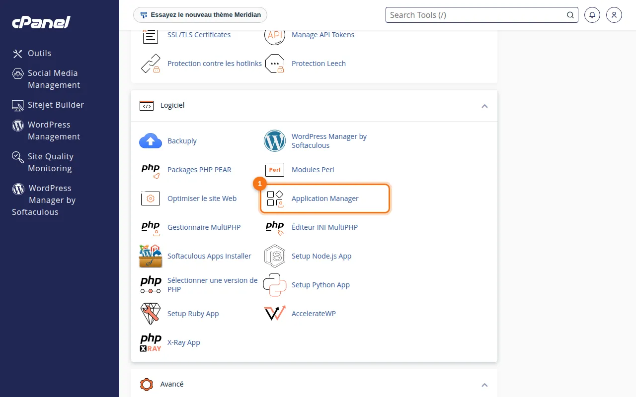 Emplacement de l'outil Application Manager dans cPanel