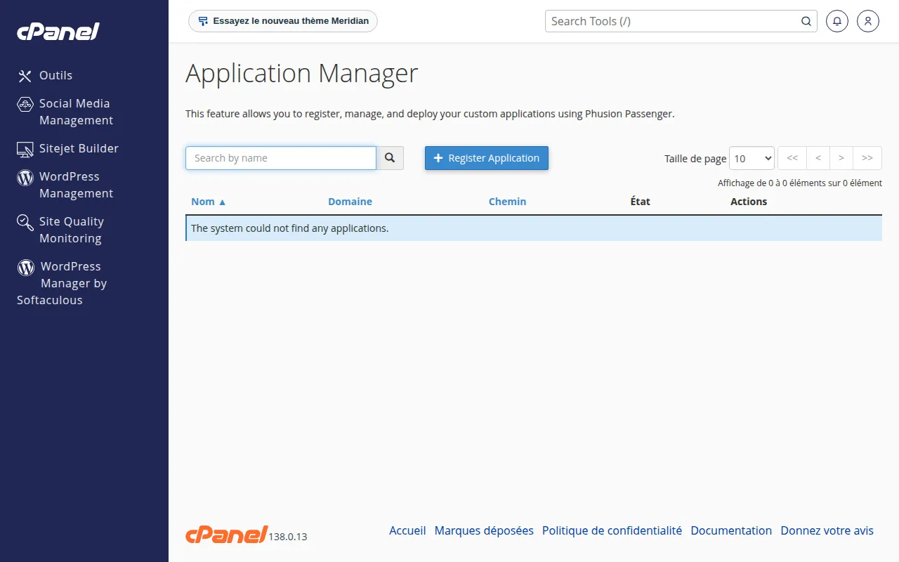 Interface de l'outil Application Manager dans cPanel