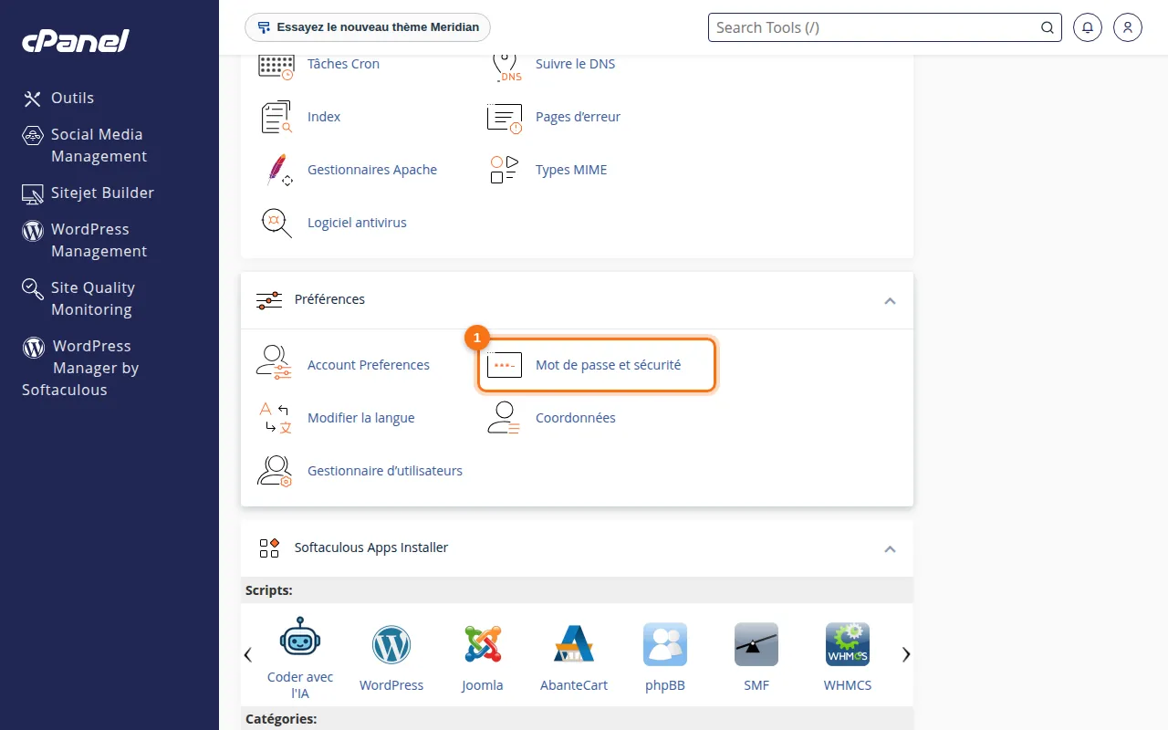 Emplacement de l'outil Mot de passe et sécurité dans cPanel